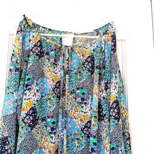 Floral Patchwork Print Semi Sheer Cold Shoulder Peasant Top